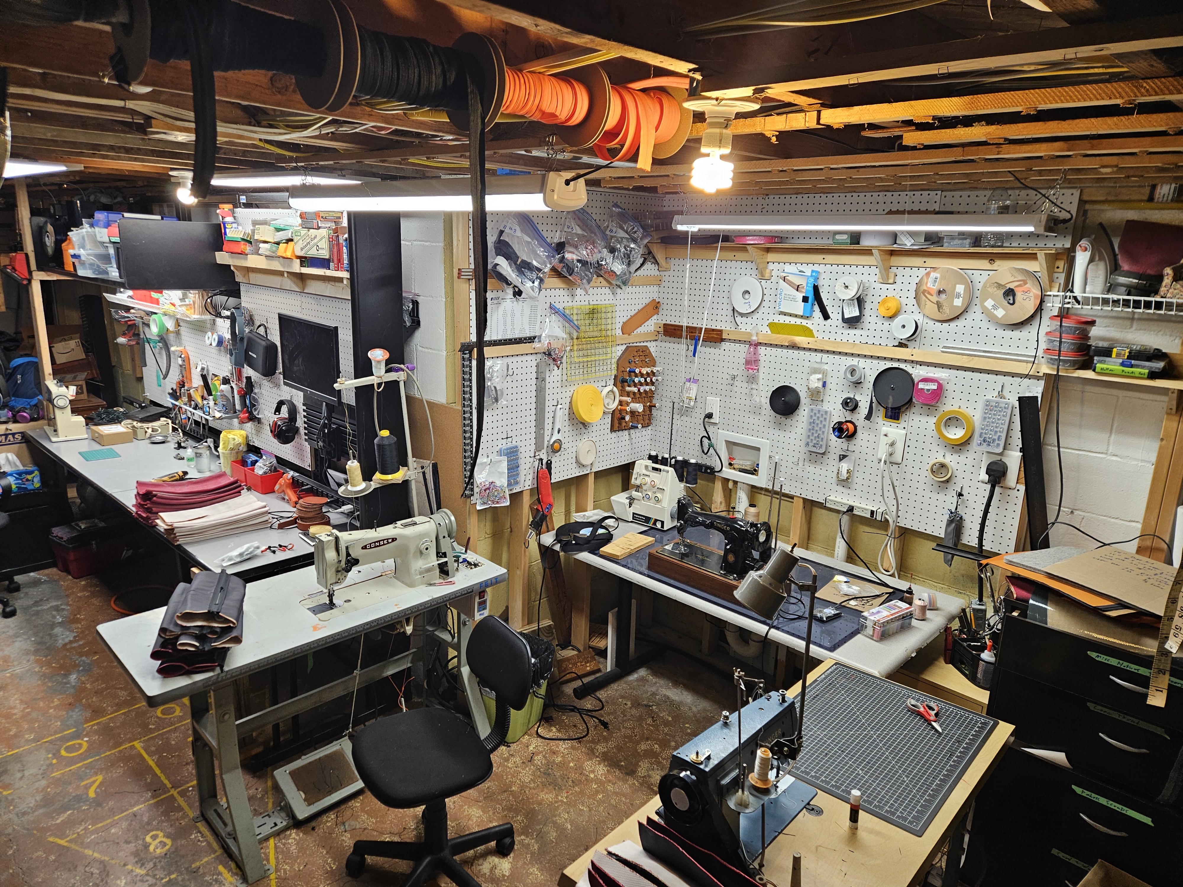 Industrial sewing machines, tools, and supplies in the Blackstitch Forge workshop